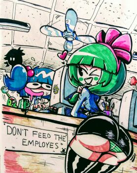 &gt;_o 2girls ass beads black_lips black_skirt black_thighhighs blue_hair blue_shirt blunt_bangs ceiling_fan computer computer_keyboard cup curvy drooling front_ponytail green_hair green_panties hair_beads hair_ornament hairband heart highres huge_ass indoors kagiyama_hina kawashiro_nitori kevin_arthur long_sleeves microskirt miniskirt mouth_drool mug multiple_girls no_headwear no_nose office one_eye_closed panties panty_peek pantyshot pink_hairband shirt skirt striped_clothes striped_panties thick_thighs thighhighs thighs touhou traditional_media twintails typing underwear