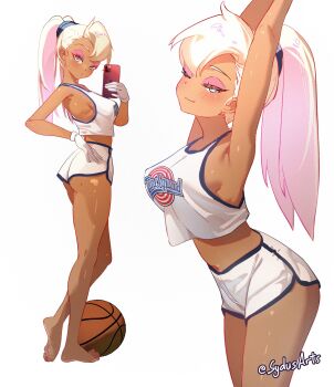 1girl ;) absurdres armpits arms_up artist_name ass ball barefoot basketball_(object) blonde_hair blue_eyes blush breasts cellphone clothes_writing commentary dark-skinned_female dark_skin dolphin_shorts eyelashes eyeshadow feet full_body gloves high_ponytail highres holding holding_phone humanization lola_bunny looking_at_viewer looney_tunes makeup mole mole_on_ass multiple_views one_eye_closed phone pink_eyeshadow ponytail selfie shorts simple_background smartphone smile soles space_jam sydus tank_top toes twitter_username white_background white_gloves white_shorts