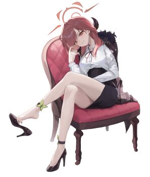1girl absurdres ankle_bow ankle_ribbon ankle_strap aru_(blue_archive) black_shoes black_skirt blue_archive blush bow brown_coat brown_horns chair coat coat_on_shoulders collared_shirt commentary crossed_legs demon_horns from_side full_body fur-trimmed_coat fur_trim green_bow halo hand_up head_tilt high-waist_skirt high_heels highres horns long_hair long_sleeves looking_at_viewer low_horns m1o_0112 neck_ribbon on_chair pencil_skirt red_eyes red_hair red_halo red_ribbon ribbon shirt shoe_dangle shoes simple_background sitting_sideways skirt solo white_background white_shirt