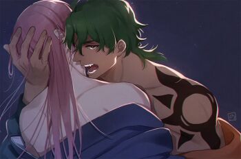 2boys bare_shoulders bishounen cherry_blossom_(sk8) commentary_request dark-skinned_male dark_skin green_hair hand_on_another&#039;s_head imminent_bite interracial jacket jacket_partially_removed joe_(sk8) long_hair male_focus medium_hair multiple_boys muscular muscular_male off_shoulder pink_hair satoimo_sanda shoulder_tattoo sk8_the_infinity tattoo teeth upper_body yaoi