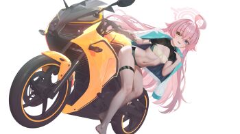 1girl 1llusori ahoge bandeau barefoot bent_over bikini black_shrug blue_archive blue_eyes blue_trim breasts covered_erect_nipples dot_nose halo heterochromia highres hoshino_(blue_archive) jacket jacket_on_shoulders long_hair looking_at_viewer motor_vehicle motorcycle navel open_mouth pink_hair race_queen shrug_(clothing) simple_background small_breasts smile swimsuit thigh_strap very_long_hair white_jacket yellow_eyes