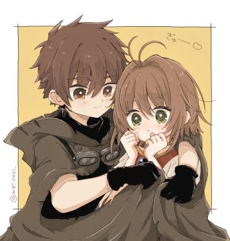 Rule 34 | 1boy, 1girl, antenna hair, black gloves, blush, border, bright pupils, brown eyes, brown hair, brown shirt, cardcaptor sakura, closed mouth, commentary request, gloves, goggles, goggles around neck, green eyes, hands up, heart, highres, kinomoto sakura, li syaoran, mizu 0401, outside border, parted lips, shirt, short hair, short sleeves, simple background, smile, twitter username, upper body, white border, white pupils, yellow background