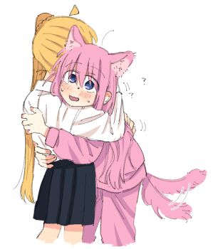 ? ahoge animal_ear_fluff animal_ears black_skirt blonde_hair blue_eyes blush bocchi_the_rock! cat_ears cat_girl commentary confused d3g_takahashi gotoh_hitori hair_between_eyes hug ijichi_nijika long_hair looking_at_viewer open_mouth pants pink_hair pink_pants pink_tail pink_track_suit pleated_skirt raised_eyebrows shirt side_ponytail skirt tail tail_wagging track_suit white_shirt