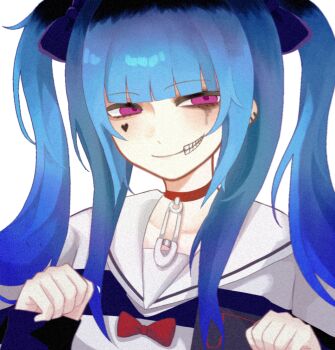 Rule 34 | 1girl, amemiya darumi, black hair, blue bow, blue hair, blue shirt, bow, bowtie, chin piercing, chinese commentary, choker, closed mouth, commentary request, earclip, face piercing, facepaint, facial mark, film grain, hair bow, hands up, heart, heart facial mark, long hair, long sleeves, multicolored hair, piercing, pink eyes, red bow, red bowtie, red choker, roots (hair), safety pin, sailor collar, sailor shirt, shirt, simple background, sleeves past wrists, smile, solo, striped clothes, striped shirt, the hundred line -last defense academy-, twintails, two-tone hair, two-tone shirt, upper body, white background, white shirt, yorumi (axiaoai64906)