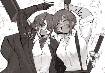 1boy 1girl :d ^^^ ^_^ absurdres alcohol alternate_costume amputee arm_behind_another's_back arm_behind_back arm_behind_head arm_up arms_up beard_stubble blush bottle breasts chest_tattoo choko_(cup) closed_eyes coat coat_on_shoulders collarbone collared_shirt cowboy_shot cup dark-skinned_female dark_skin dress_shirt drunk eyepatch eyes_visible_through_hair facial_hair fingernails formal_clothes gregor_(project_moon) greyscale hair_between_eyes half-closed_eyes hand_on_hilt happy highres holding holding_bottle holding_cup holding_saw holding_saw_cleaver holding_sword holding_weapon jacket joints katana kurokumo_clan_(identity)_(project_moon) lapels large_breasts laughing limbus_company long_hair long_sleeves low_ponytail male_focus mechanical_arms molar_office_(identity)_(project_moon) monochrome neck_tattoo notched_lapels one-eyed open_clothes open_coat open_mouth open_vest outis_(project_moon) pants parted_bangs partially_unbuttoned pectoral_cleavage pectorals photoshop_(medium) ponytail project_moon prosthesis prosthetic_arm rabbit_background sake saw saw_cleaver sepia shirt shirt_tucked_in short_hair simple_background single_mechanical_arm sleeves_rolled_up smile standing stubble suit suit_jacket suspenders sword tattoo tattoo_on_neck upper_body vest weapon white_background wing_collar