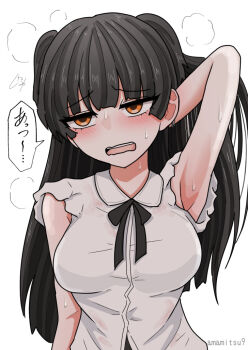 Rule 34 | 1girl, :o, amamitsu9, arm up, armpits, artist name, bare arms, black hair, black ribbon, blunt bangs, blush, breasts, collared shirt, commentary request, furrowed brow, hand in own hair, hot, idolmaster, idolmaster shiny colors, long hair, mayuzumi fuyuko, medium breasts, neck ribbon, ribbon, shirt, signature, simple background, sleeveless, sleeveless shirt, solo, steam, sweat, teeth, translation request, upper body, upper teeth only, very long hair, white background, white shirt