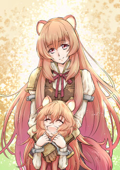 2girls abstract_background age_difference animal_ears armor armored_gloves black_dress blunt_bangs breastplate brown_dress brown_gloves brown_hair closed_eyes closed_mouth collared_dress colorful_background commentary_request dress dual_persona elbow_gloves eyelashes facing_ahead facing_up floating_hair gloves hair_between_eyes hand_grab hands_up high_collar hoshino_kouichirou hug hug_from_behind layered_dress leather_armor long_hair long_sleeves looking_at_another looking_down messy_hair metal_arm_cuffs metal_wrist_cuffs multiple_girls neck_ribbon open_mouth orange_background pauldrons pinstripe_dress pinstripe_pattern raccoon_ears raccoon_girl raccoon_tail raphtalia red_dress red_eyes red_ribbon ribbon short_sleeves shoulder_armor single_pauldron sleeveless sleeveless_dress smile straight_hair swept_bangs tail tate_no_yuusha_no_nariagari teeth time_paradox two-tone_dress upper_body white_background white_dress yellow_background