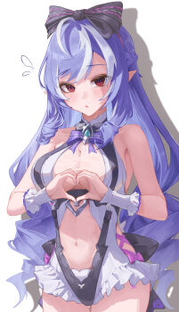 1girl absurdres bare_shoulders bow braid breasts casual_one-piece_swimsuit clothing_cutout commentary cowboy_shot dacha00001 hair_bow half_up_braid heart heart_cutout heart_hands highres large_breasts long_hair looking_at_viewer mole mole_under_eye multicolored_hair navel official_alternate_costume one-piece_swimsuit parted_lips pointy_ears purple_bow purple_hair see-through_cleavage see-through_clothes sidelocks simple_background solo stomach stomach_cutout streaked_hair swimsuit very_long_hair vivian_banshee vivian_banshee_(iris_of_the_shore) white_background white_one-piece_swimsuit zenless_zone_zero