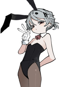 1girl absurdres agoshi_sakina animal_ears arm_behind_back black_leotard blush bow bowtie breasts brown_bow brown_bowtie brown_eyes brown_pantyhose cowboy_shot detached_collar fake_animal_ears fish_hair_ornament gloves grey_hair hair_ornament half-closed_eyes highres hip_bones kokaki_mumose leotard looking_at_viewer null-meta open_mouth pantyhose playboy_bunny ponytail rabbit_ears short_hair short_ponytail simple_background small_breasts solo standing strapless strapless_leotard sway_back w white_background white_gloves wrist_cuffs