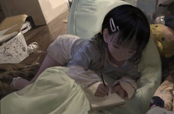 1girl bed_sheet black_hair blue_shirt dolphin_shorts expressionless hair_ornament hairclip highres indoors long_sleeves notebook original pen pillow shiratsuyu_mone shirt short_twintails shorts solo stuffed_toy twintails white_shirt wispy_bangs wooden_floor writing