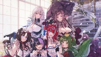 6+girls absurdres animal animal_collar animal_ears animal_on_head anya_nyabyss bell bibi_biscuit bird black_choker black_gloves black_hair black_nails black_umbrella blue_eyes blue_hair bow braid breasts butterfly_hair_ornament cat_ears cat_girl choker cleavage closed_mouth collar crocodile_girl crocodilian_tail dog_ears dog_girl drill_hair duck flower frilled_hairband frills gloves green_eyes green_hair grey_hair hair_bell hair_bow hair_flower hair_ornament hairband heart heart_hands highres holding holding_umbrella large_breasts leash long_hair malice_evermore multicolored_hair multiple_girls nitya_nil on_head open_mouth parasol phase_connect phase_saga pink_hair pointy_ears purple_eyes purple_hair red_bow red_collar red_flower red_hair red_rose rose rosemi_milktea short_hair sinon_sinfonia spiral_staircase stairs streaked_hair tail two-tone_hair umbrella virtual_youtuber white_bow white_flower white_gloves white_rose wilhelmina_frost yellow_eyes