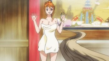 accidental_exposure animated animated_gif anime_screenshot blush breasts completely_nude curvy embarrassed feet huge_breasts indoors multiple_boys multiple_girls nami_(one_piece) nude one_piece open_mouth orange_hair shoulder_tattoo steam tattoo towel towel_slip wet