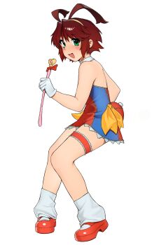 1girl absurdres antenna_hair bare_legs bare_shoulders brown_hair commentary green_eyes heart_wand highres leg_warmers looking_at_viewer red_shoes renkin_san-kyuu_magical_pokaan shoes short_hair smile solo striped_clothes vertical-striped_clothes wand white_background white_leg_warmers yirtios yuuma_(magipoka)