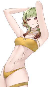 1girl absurdres alternate_costume armpits arms_behind_head arms_up azur_lane bare_arms bare_shoulders bikini breast_tattoo breasts chest_tattoo cleavage commentary commentary_request cowboy_shot english_commentary giuseppe_garibaldi_(azur_lane) gradient_hair green_hair halterneck highres large_breasts leaning_back long_hair looking_at_viewer medium_breasts multicolored_hair navel open_mouth red_eyes red_hair simple_background solo standing stomach stomach_tattoo strapless strapless_bikini swimsuit tattoo thigh_strap thighs white_background xuwasoo yellow_bikini