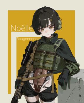 1girl absurdres black_hair boagnnnnnnn brown_hair capelet covered_navel flat_chest gloves gun headset highres leotard leotard_under_clothes looking_at_viewer military_operator original rifle see-through_clothes see-through_leotard short_hair solo thighhighs weapon weapon_request