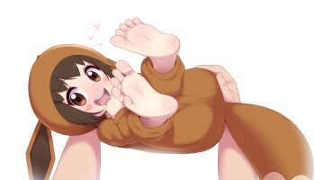 1girl animal_costume animal_ears animal_hood ass barefoot blush blush_stickers brown_eyes brown_hair cosplay curled_up eevee eevee_(cosplay) eevee_ears eevee_tail eyebrows eyelashes feet feet_up foot_focus foreshortening gen_1_pokemon hair_between_eyes heart holding hood hood_up hoodie legs legs_up loli looking_at_viewer maidforge nintendo open_mouth poke_kid_(pokemon) pokemon pokemon_swsh pov pov_hands short_hair simple_background smile soles solo_focus spread_toes tail teasing teeth toe_scrunch toenails toes tongue white_background