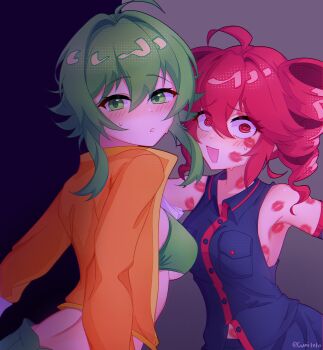 2girls @_@ absurdres ahoge artist_name bare_shoulders black_shirt black_skirt blush breasts commentary couple cropped_jacket detached_sleeves drill_hair green_eyes green_hair gumi gumitetoyuri highres jacket kasane_teto lipstick_mark looking_at_viewer midriff multiple_girls open_mouth orange_jacket red_eyes shirt short_hair_with_long_locks skirt sleeveless sleeveless_shirt standing twin_drills utau vocaloid yuri