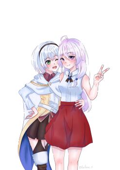 2girls ;d absurdres ahoge amnesia_(majo_no_tabitabi) aoihana_15 arm_around_waist arm_at_side bare_shoulders belt black_hairband black_ribbon black_skirt black_thighhighs blue_cloak blush boots breasts brown_skirt cape cheek-to-cheek cloak closed_mouth coat collared_shirt commentary cowboy_shot elaina_(majo_no_tabitabi) english_commentary feet_out_of_frame green_eyes grey_hair hair_between_eyes hairband hand_on_another's_hip hand_on_another's_waist hand_on_own_hip hand_up heads_together highres long_hair long_sleeves looking_at_viewer majo_no_tabitabi medium_breasts medium_hair miniskirt multiple_girls neck_ribbon one_eye_closed open_mouth pink_eyes pleated_skirt purple_eyes red_skirt ribbon shirt short_hair side-by-side simple_background skirt sleeveless sleeveless_shirt smile standing teeth thigh_boots thighhighs thighhighs_under_boots twitter_username two-sided_cape two-sided_fabric upper_teeth_only v white_background white_belt white_cape white_cloak white_hair white_shirt yellow_coat yuri