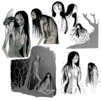 1girl 1other animal black_hair blanket breasts bug closed_mouth completely_nude corpse death fly guro hanging highres horror_(theme) insect jejejunum jejenum_(jejejunum) long_hair nude old old_woman open_mouth original pubic_hair simple_background sketch_inset skinny small_breasts smile suicide very_long_hair white_background