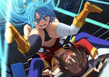 2girls aqua_(konosuba) ass bandaged_leg bandages bilingual_commentary black_gloves black_panties black_thighhighs blue_eyes blue_hair blue_thighhighs blush boots breasts brown_hair commentary english_commentary fingerless_gloves gloves highres izawa_(bhive003) kineluchs kono_subarashii_sekai_ni_shukufuku_wo! long_hair looking_at_another megumin mixed-language_commentary multiple_girls navel orange_boots panties shiny_skin short_hair single_thighhigh small_breasts thighhighs underwear wrestling wrestling_ring