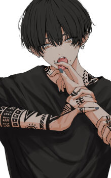 1boy arm_tattoo black_hair commentary ear_piercing english_commentary finger_tattoo fingernails grey_eyes grey_nails hair_between_eyes hand_tattoo highres male_focus nail_polish niwa281610 original piercing short_hair simple_background tattoo teeth tongue_piercing upper_teeth_only white_background