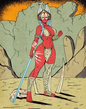 1girl alien blue_lightsaber colored_skin commentary energy_sword english_commentary highres holding holding_sword holding_weapon jaywilliamzart lightsaber looking_at_viewer red_skin shaak_ti solo standing star_wars sword togruta weapon