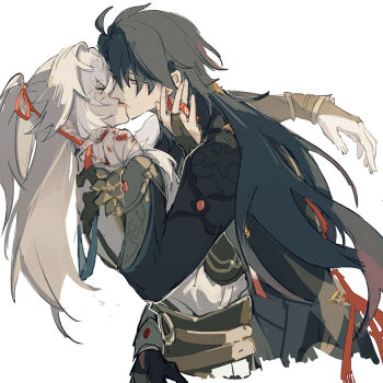 2boys black_hair blade_(honkai:_star_rail) chinese_clothes closed_mouth from_side hair_between_eyes hair_ribbon high_ponytail honkai:_star_rail honkai_(series) hug jing_yuan kiss long_hair male_focus mississipping multiple_boys parted_bangs ponytail red_ribbon ribbon simple_background tassel very_long_hair white_background white_hair yaoi