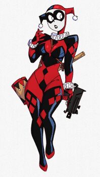 1girl batman_(series) between_breasts black_bodysuit bodysuit breasts commentary dc_comics domino_mask english_commentary eye_mask full_body gun hammer harley_quinn harley_quinn_(classic) highres holding holding_gun holding_weapon looking_at_viewer mask multicolored_bodysuit red_bodysuit simple_background solo strap_between_breasts teelokay two-tone_bodysuit weapon white_background