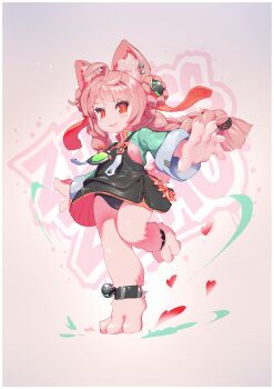 1girl absurdres ahoge animal_ear_fluff animal_ear_piercing animal_ears animal_feet animal_hands ankle_strap barefoot black_panties black_skirt bluesnail braid flat_chest full_body furry furry_female green_shirt hair_ornament highres loli long_hair long_sleeves looking_at_viewer miniskirt nipples open_mouth panties pantyshot pink_fur pink_hair pleated_skirt rabbit_ears rabbit_girl rabbit_tail red_eyes shirt skirt solo sphere_hair_ornament standing standing_on_one_leg tail thick_eyebrows twin_braids underwear variant_set zenless_zone_zero zhao_(zenless_zone_zero)