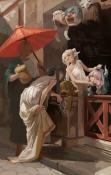 Rule 34 | 1boy, 2girls, absurdres, aura, aura bullying (meme), closed eyes, closed mouth, commentary, dana (ocana dana), eisen (sousou no frieren), elf, english commentary, fern (sousou no frieren), fine art parody, frieren, highres, himmel (sousou no frieren), holding, holding umbrella, mask, masks seller in pompeii, meme, multiple girls, parasol, parody, pointy ears, serie (sousou no frieren), smile, sousou no frieren, stark (sousou no frieren), twintails, umbrella, unworn mask, upward angle frieren drawing (meme), white hair