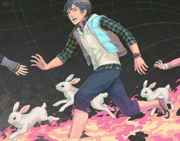 1boy 1girl :o brown_hair commentary driftwoodwolf english_commentary fire junpei_(kyokugen_dasshutsu) kurashiki_akane kyokugen_dasshutsu kyokugen_dasshutsu:_9_jikan_9_nin_9_no_tobira plaid_clothes plaid_shirt rabbit shirt shoes sneakers time_paradox vest wristband zipper