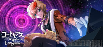 aqua_eyes artist_request blonde_hair blue_eyes braid cat closed_mouth code_geass code_geass:_dakkan_no_roze code_geass:_lost_stories commentary_request highres multicolored_hair roze_(code_geass) short_hair short_sleeves side_braid single_braid smile tree two-tone_hair