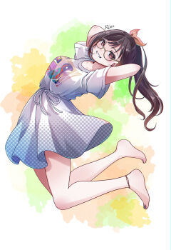 Rule 34 | 1girl, anklet, arched back, arms behind head, arms up, artist name, barefoot, bespectacled, bloom festival (project sekai), blue nails, bow, breasts, brown-framed eyewear, brown eyes, brown hair, collarbone, colorful background, floating, full body, glasses, grin, hair bow, halftone, high-waist skirt, highres, jewelry, legs up, long hair, looking at viewer, miniskirt, multicolored nails, official alternate costume, official alternate hair length, official alternate hairstyle, orange bow, ponytail, print shirt, project sekai, purple nails, rimu 1112, shinonome ena, shirt, short sleeves, skirt, smile, solo, splatter background, toenails, two-tone nails, waist ribbon, white shirt
