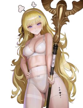 1girl absurdres bare_shoulders blonde_hair blush bra breasts closed_mouth collarbone commentary_request hair_ornament hairband hand_on_own_hip highres holding holding_staff korean_commentary long_hair looking_at_viewer medium_breasts panties panties_under_pantyhose pantyhose phoebe_(wuthering_waves) puff_of_air purple_eyes simple_background solo soul_(smfa2555) staff tacet_mark_(wuthering_waves) thighband_pantyhose underwear v-shaped_eyebrows very_long_hair white_background white_bra white_hairband white_panties white_pantyhose wuthering_waves x_hair_ornament