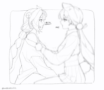 2girls alice_thymefield animal_ears blush bra braid greyscale highres looking_at_another meous monochrome motion_blur multiple_girls open_mouth rabbit_ears rabbit_girl rabbit_tail shirt skirt smile tail twin_braids twitter_username ukinami_yuzuha underwear undressing_another yuri zenless_zone_zero