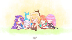 5girls black_thighhighs blonde_hair blue_hair blue_hoodie blush brown_coat brown_hat chibi closed_eyes coat commentary crossed_arms deerstalker elmi_hikaribi english_commentary english_text gawr_gura gawr_gura_(1st_costume) gradient_hair hat highres hololive hololive_english holomyth hood hood_up hoodie knees_to_chest long_hair mori_calliope mori_calliope_(1st_costume) multicolored_hair multiple_girls necktie ninomae_ina&#039;nis ninomae_ina&#039;nis_(1st_costume) orange_hair pink_hair pointy_ears purple_hair red_necktie short_hair signature simple_background sitting sleeping smile takanashi_kiara takanashi_kiara_(1st_costume) thighhighs virtual_youtuber watson_amelia watson_amelia_(1st_costume) white_background white_hair