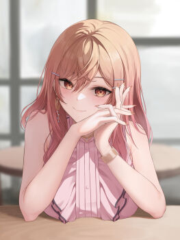 1girl blurry blurry_background blush breast_rest breasts brown_hair center_frills commentary earrings fingernails frills hair_ornament hairpin highres hololive hololive_dev_is ichijou_ririka interlocked_fingers jewelry large_breasts long_hair looking_at_viewer multiple_hairpins nail_polish own_hands_together pink_shirt shirt sleeveless sleeveless_shirt smile solo steelball_(jwk76806995) upper_body virtual_youtuber