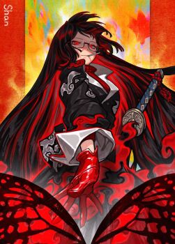 1girl artist_name black_coat black_hair blue_fire bug butterfly cigarette coat colorful_background contempt_awe_(e.g.o) e.g.o_(project_moon) fire flame_print glasses gloves green_fire insect jacket limbus_company long_hair long_sleeves looking_at_viewer ootachi project_moon reaching reaching_towards_viewer red_butterfly red_eyes red_fire red_gloves red_sweater ryoshu_(project_moon) shan23852196 signature smoking solo sweater sword sword_hilt turtleneck turtleneck_sweater very_long_hair weapon