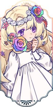 Rule 34 | 1girl, blonde hair, braid, commentary request, dress, flower, full body, hair flower, hair ornament, hand up, head wreath, highres, horizontal pupils, long hair, long sleeves, looking at viewer, monsha moa, original, puffy long sleeves, puffy sleeves, purple eyes, single braid, solo, translation request, upper body, very long hair, white background, white dress, yellow eyes