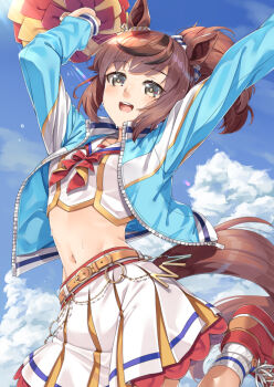 1girl animal_ears arms_up blue_jacket blue_sky blush brown_eyes brown_hair cheerleader cloud cloudy_sky commentary_request cropped_shirt day holding holding_pom_poms horse_ears horse_girl horse_tail jacket jumping long_hair long_sleeves midriff miri_(ago550421) navel nice_nature_(run_&amp;_win)_(umamusume) nice_nature_(umamusume) open_clothes open_jacket open_mouth outdoors pom_pom_(cheerleading) pom_poms ponytail sailor_collar sailor_shirt shirt skirt sky smile solo stomach sweat tail umamusume white_sailor_collar white_shirt white_skirt