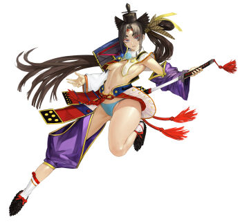 1girl absurdres armor asymmetrical_clothes asymmetrical_sleeves blue_panties breast_curtains chronodash fate/grand_order fate_(series) feather_hair_ornament feathers hair_ornament hat highres holding holding_sword holding_weapon japanese_armor japanese_clothes katana kusazuri mismatched_sleeves panties pom_pom_(clothes) purple_sleeves revealing_clothes sheath shoulder_armor side_ponytail single_pantsleg socks sode solo sword tate_eboshi underwear unsheathing ushiwakamaru_(fate) ushiwakamaru_(second_ascension)_(fate) weapon white_background white_sleeves