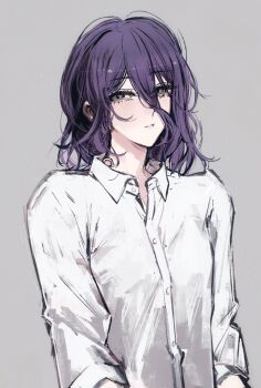 1girl chainsaw_man collared_shirt grenade_pin grey_background grey_eyes hair_between_eyes hair_down highres long_hair long_hair_between_eyes long_sleeves moku_(muooku) parted_lips purple_hair reze_(chainsaw_man) shirt simple_background solo white_shirt