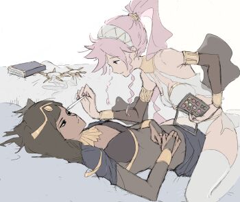 applying_another's_makeup applying_makeup bad_id bad_pixiv_id black_hair bodystocking breasts cape cleavage dark-skinned_female dark_skin detached_sleeves fire_emblem fire_emblem_awakening flat_color highres looking_at_another lying makeup mascara mascara_wand meme nintendo olivia_(fire_emblem) on_back pink_hair ponytail reference_work ribitta smile straddling tharja_(fire_emblem) thighhighs tiara white_legwear yuri