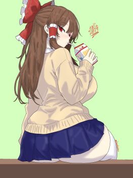 1girl alternate_breast_size_(larger) ass blue_skirt blush breasts brown_sweater desk drawlab33t drink_carton from_behind green_background hakurei_reimu highres holding holding_milk_carton large_breasts long_sleeves looking_at_viewer looking_back milk_carton pleated_skirt red_eyes school_desk school_uniform shirt simple_background sitting skirt socks solo sweater thighhighs touhou white_shirt white_socks zettai_ryouiki