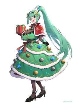 1girl :d absurdres black_pantyhose breasts capelet cleavage commentary_request dress full_body gift gonzarez green_dress green_eyes high_ponytail highres holding holding_gift large_breasts long_hair open_mouth pantyhose pneuma_(xenoblade) ponytail red_capelet simple_background smile snow solo very_long_hair white_background xenoblade_chronicles_(series) xenoblade_chronicles_2