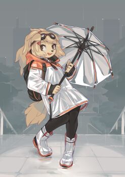 1girl 2018 absurdres animal_ears backpack bag black_leggings blonde_hair boots brown_eyes chinese_commentary cityscape commentary contrapposto dog dog_ears dog_girl dog_tail english_commentary estinne_the_spirit_dog full_body furry furry_female high_ponytail highres holding holding_umbrella krita_(medium) leggings long_sleeves looking_at_viewer original ponytail rain raincoat rubber_boots see-through_clothes see-through_raincoat signature spirit_animals_in_disguise tail tsurime tyson_tan umbrella wide_ponytail yellow_fur