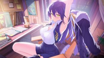 1girl absurdres arms_up blue_hair blue_jacket blue_skirt blush breasts chair cleavage collared_shirt commentary_request commission desk fur-trimmed_jacket fur_trim highres hiiragi_mikoto indoors jacket large_breasts long_hair looking_at_viewer mole mole_on_neck note on_chair original parted_lips shirt sitting skeb_commission skirt sleeveless sleeveless_shirt solo white_shirt yellow_eyes