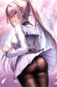 absurdres alternate_costume alva_(girls'_frontline_2) alva_(wisteria_tidings)_(girls'_frontline_2) an-94 an-94_(girls'_frontline) assault_rifle collared_shirt commentary_request girls'_frontline girls'_frontline_2:_exilium green_eyes grey_jacket grey_sailor_collar grey_skirt gun hairband headband high_ponytail highres jacket long_hair long_sleeves looking_at_viewer panties panties_under_pantyhose pantyhose pink_hairband pink_headband pink_ribbon ponytail ribbon rifle sailor_collar school_uniform see-through_clothes see-through_pantyhose shirt skirt striped_clothes striped_panties thighband_pantyhose underwear weapon white_hair wind wind_lift xlscaler