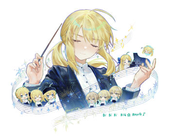 Rule 34 | 6+girls, ahoge, artoria caster (fate), artoria pendragon (fate), artoria pendragon (lancer) (fate), artoria pendragon (lancer alter) (fate), beamed eighth notes, blonde hair, blush stickers, chibi, chibi inset, closed eyes, closed mouth, commentary, commentary request, conductor baton, cropped torso, eighth note, fate/grand order, fate (series), fujimaru ritsuka wa wakaranai, grand piano, highres, holding baton, instrument, multiple girls, multiple persona, multiple views, music, musical note, musical staff, mysterious heroine x (fate), mysterious heroine x alter (fate), nigiri, piano, playing instrument, playing piano, reference inset, saber (fate), saber lily, scene reference, signature, singing, star (symbol), twitter username, untranslatable commentary