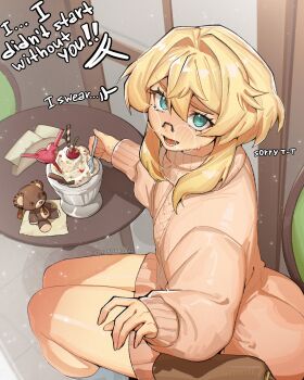 1boy absurdres blue_eyes blush bridget_(guilty_gear) cable_knit chair commentary crossdressing crossdressing_(mtf) drinking_straw english_commentary english_text food glasses guilty_gear hair_between_eyes highres ice_cream long_sleeves looking_at_viewer looking_up male_focus napkin open_mouth pink_sweater sidelocks sitting solo stuffed_animal stuffed_toy sweater table teddy_bear teeth thighs trap turtleneck turtleneck_sweater yablofap